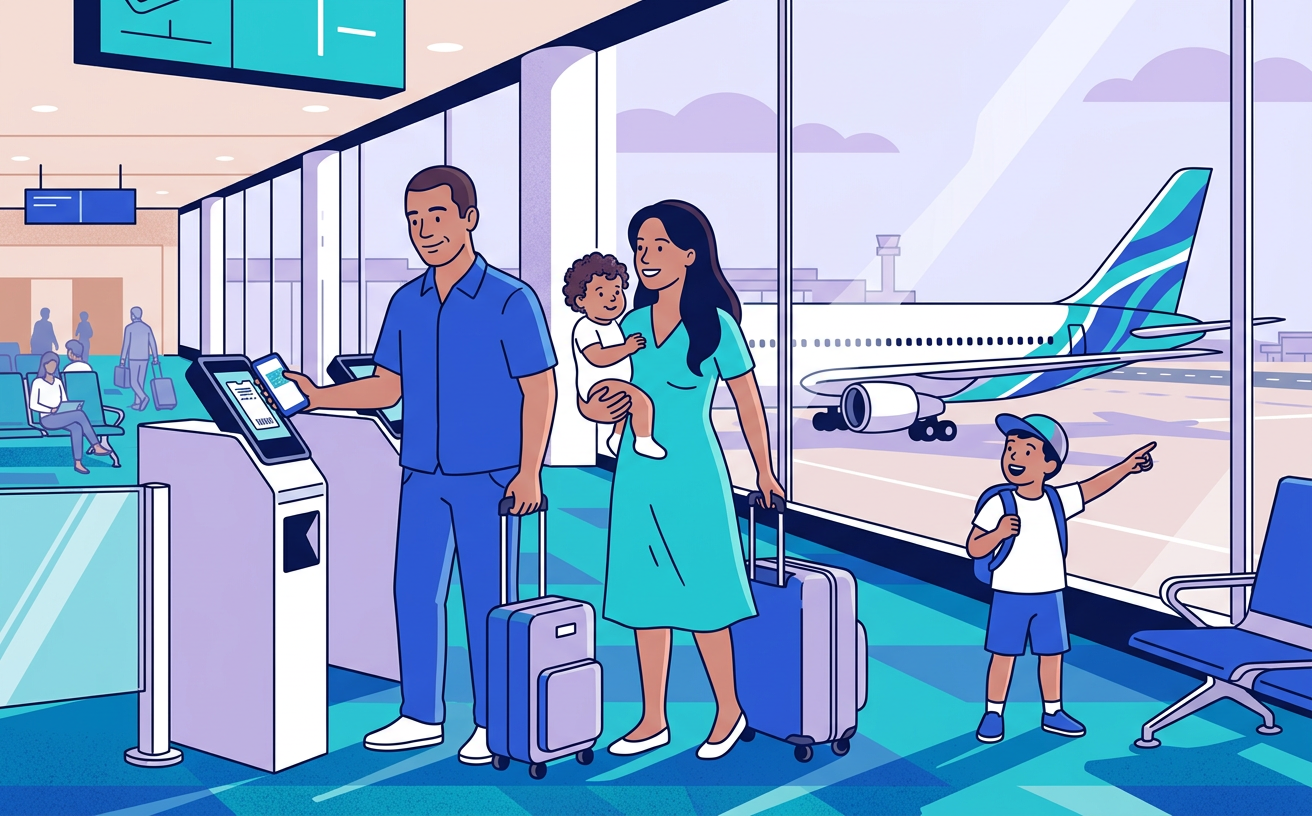 Ilustração de uma família no portão de embarque escaneando o cartão de embarque no celular