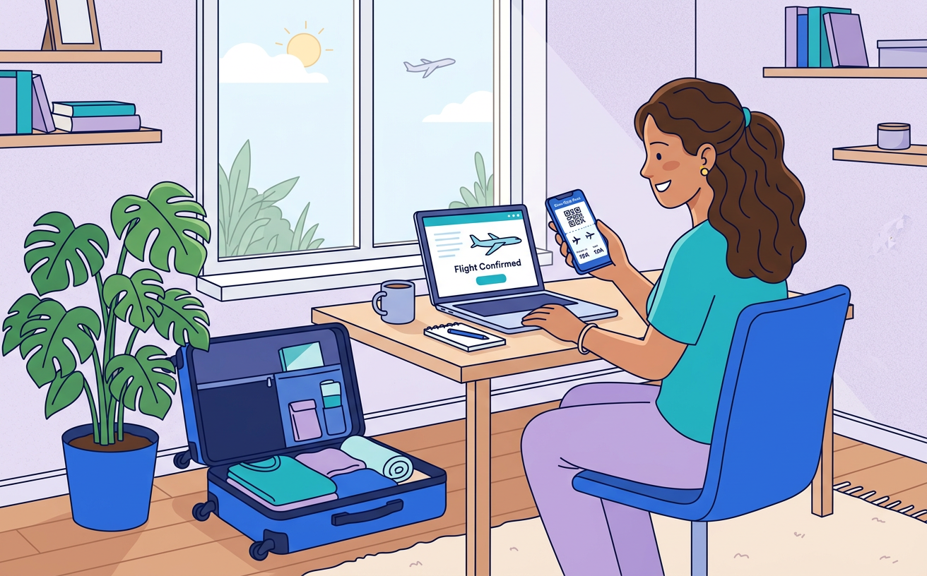 Ilustração de uma viajante em casa conferindo o cartão de embarque no celular ao lado da mala